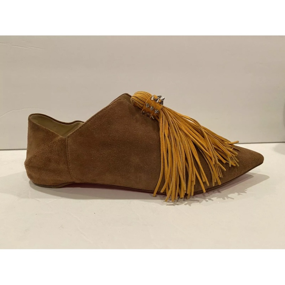 Christian Louboutin suede flat slippers slip on brown fringe studded 34 - Picture 2 of 13